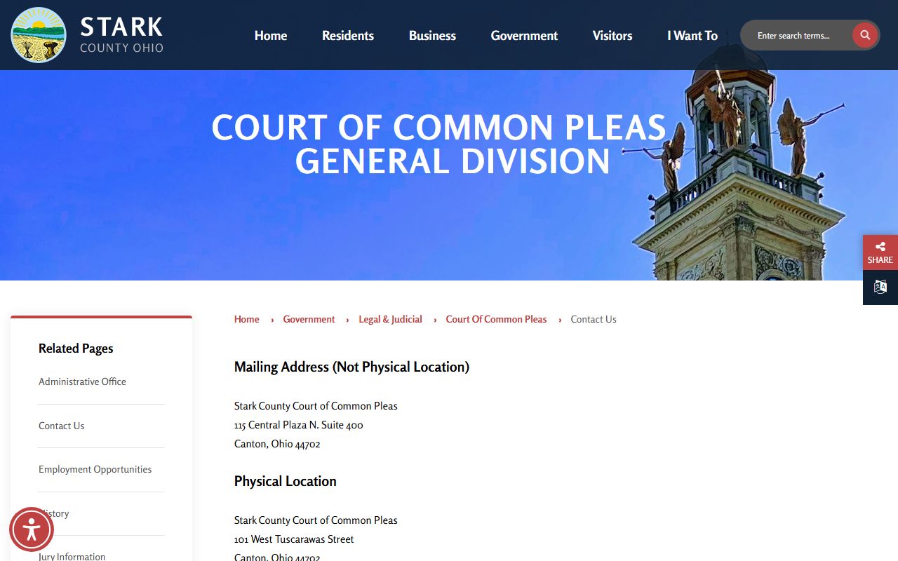 Stark County Court of Common Pleas contact page showing judges and court records information