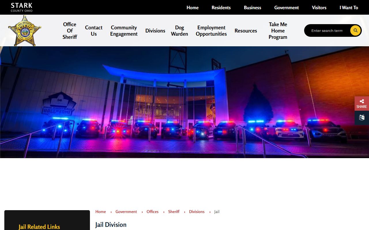 Stark County Jail Division page with inmate booking and records information